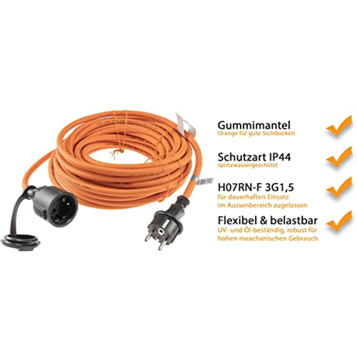 ChiliTec Verlängerungskabel 15m mit Schutzkappe für Aussen Innen - Gummikabel H07RN-F 3G1,5 IP44 Schutzkontakt Stromkabel Elektrokabel für Baustelle Garten Rasenmäher Orange – Bild 3