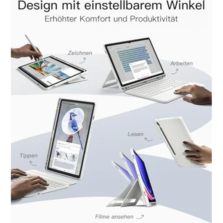 Inateck Hülle mit Tastatur für Samsung Galaxy Tab S10 Lite/S10 FE/S9 FE/S9, Abnehmbarer Hoch-/Querformat Ständer mit Touchpad, QWERTZ, Doppel-S-Pen-Halterung, AceTouch N0064 – Bild 4