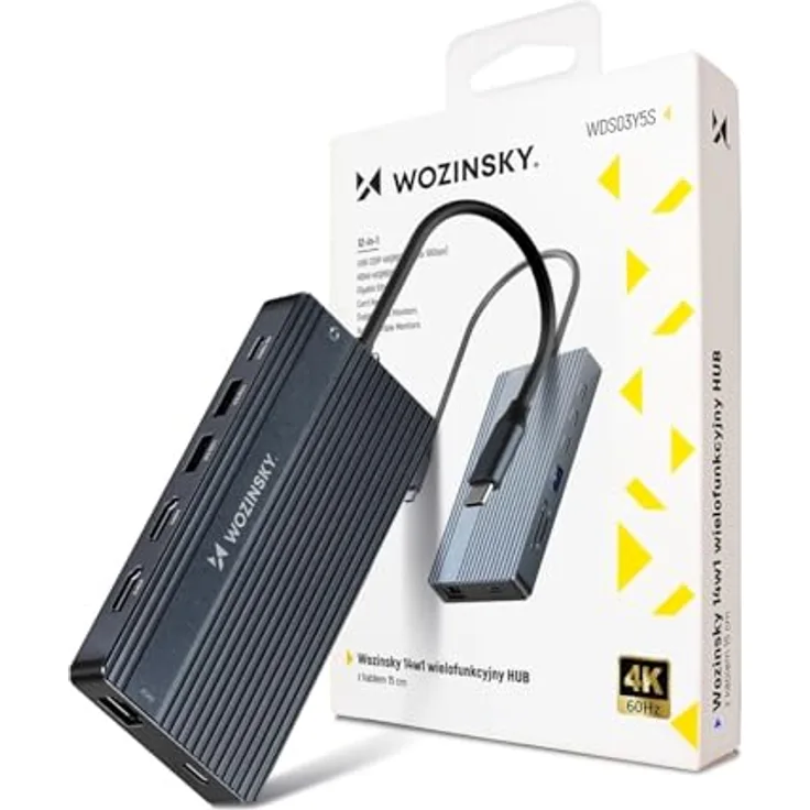 WOZINSKY USB-C Hub Adapter 14 in 1, 14 Ports, Power Delivery bis 100W, 2x HDMI, USB-A, RJ45, 3,5mm Audio, SD/TF-Kartenleser, Aluminiumgehäuse, 15cm Kabel