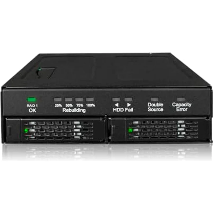ICY DOCK RAID 1 / JBOD Wechselrahmen für zwei 2,5 Zoll SATA HDD/SSD in 1x 5,25 Zoll Schacht Vollmetall - ToughArmor RAID MB902SPR-B R1 - Unterstützt 2x 2,5" SATA HDD/SSD bis 15mm Höhe, Integriertes JMS562 Hardware RAID 1 / JBOD Chipset, Detaillierte Status-LEDs, Vollmetall-Konstruktion - Schwarz – Bild 1