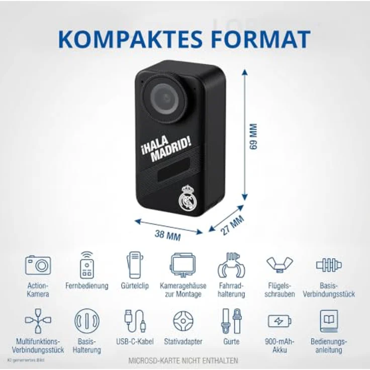 Real Madrid Action-Kamera 4K, Touchscreen, EIS, wasserfest, Sony Sensor, WLAN, 20 MP, MicroSD bis 256 GB, inkl. Fernbedienung – Bild 8