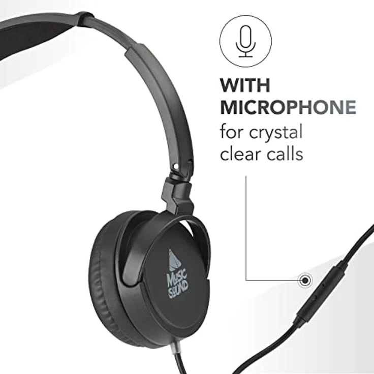 Music Sound | Bügelkopfhörer mit Kabel Over Ear Basic | On-Ear-Kopfhörer Faltbarer Kopfbügel mit 1,2 m Anti-Tangle-Kabel und integriertem Mikrofon - 3,5-mm-Klinkenanschluss – Farbe Schwarz – Bild 4