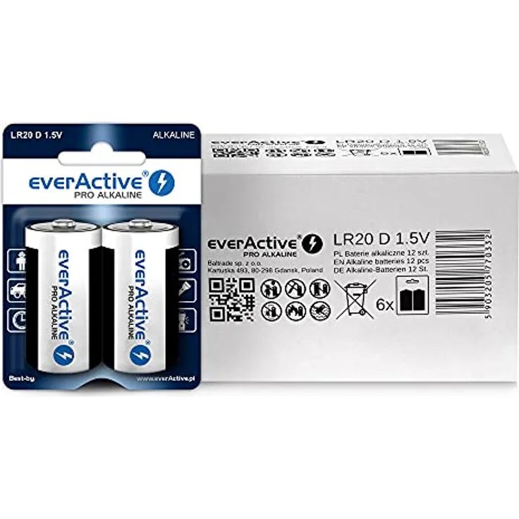 everActive D Batterien 12er Pack, Pro Alkaline, Mono LR20 R20 1.5V, höchster Leistung, 10 Jahre Haltbarkeit, 12 Stück – 6 Blisterkarten