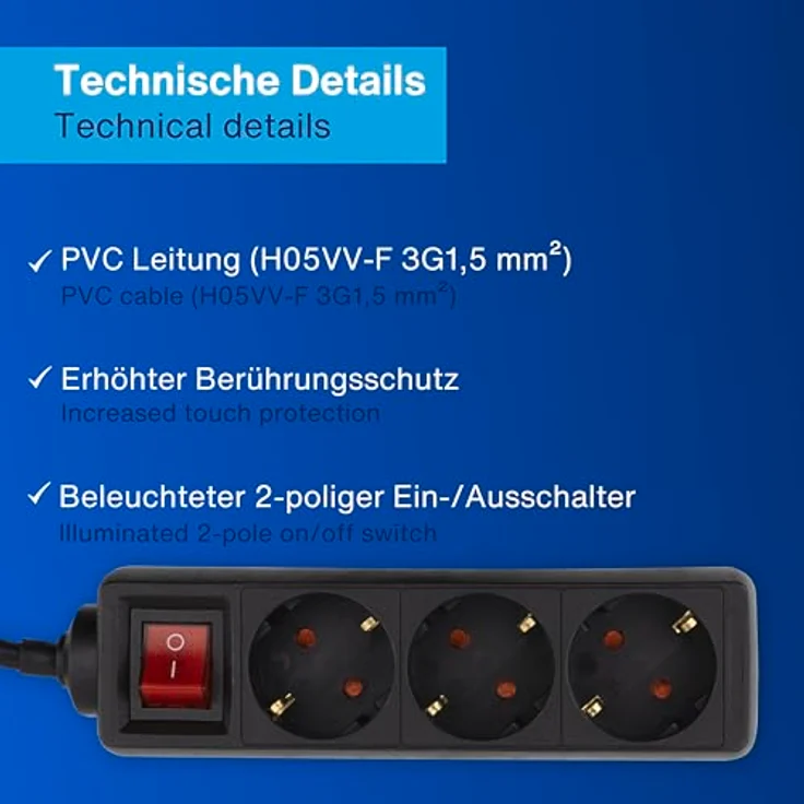 REV Ritter 0512371555 Steckdosenleiste 3 fach mit Schalter KS 1.4 m, schwarz – Bild 3