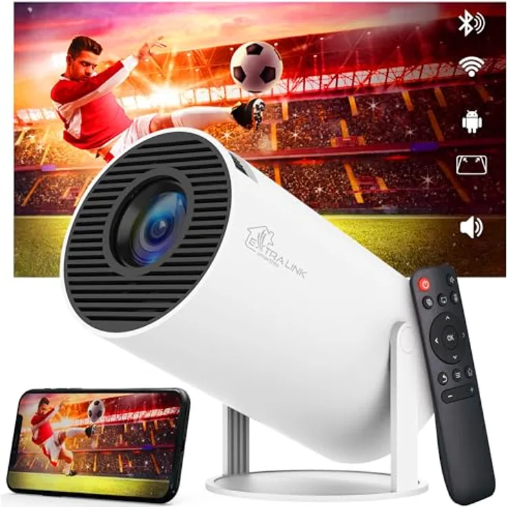 Extralink Mini Beamer 4K, Heimkino Projektor mit 200 ANSI, Android 11, Automatische Trapezkorrektur, Quad-Core ARM Cortex-A53, 1 GB RAM und 8 GB ROM, WiFi, Bluetooth, Vertikale Drehung um 180°