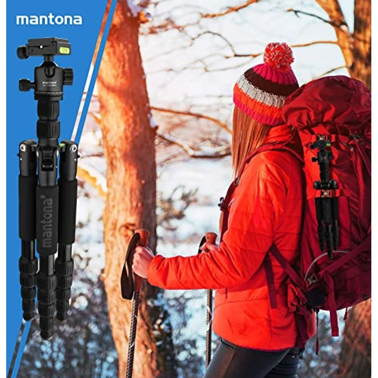 Mantona light traveller – leichtes Aluminium Reisestativ, extrem leicht 1,1kg und kompakt 30,5 cm, Einbeinfunktion, 360° Panorama Kugelkopf Arca-Swiss kompatibel, mit Tasche, schwarz – Bild 5