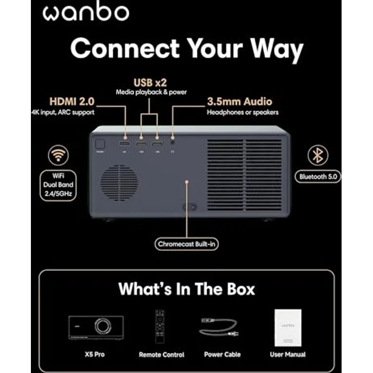 Wanbo Projektor X5 Pro (2025), 140-Zoll Full HD 1080P Beamer mit Android TV 11 und BT 5.0, Schwarz EU – Bild 8