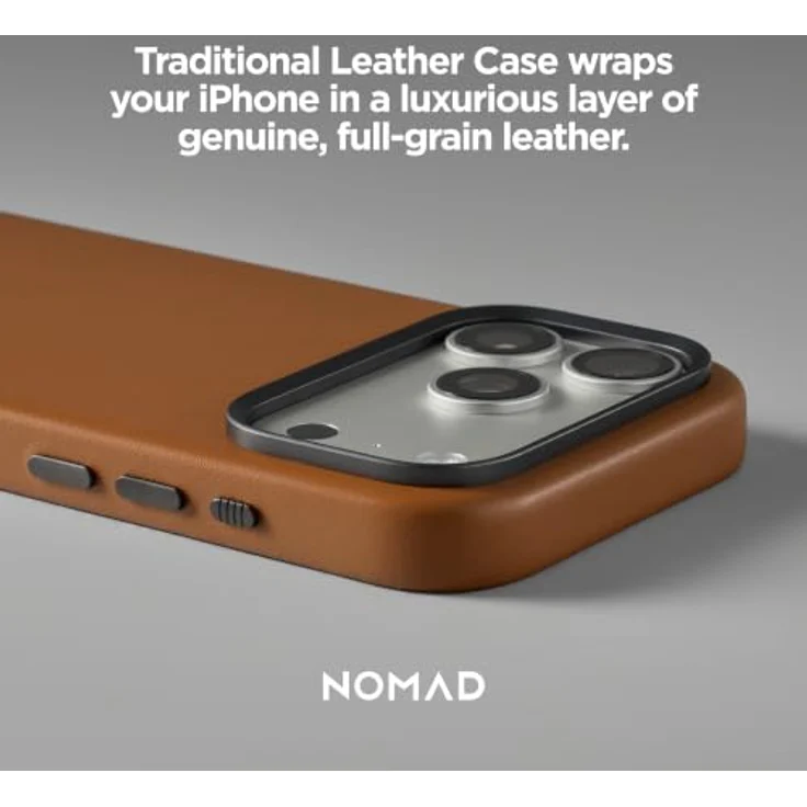 Nomad Traditional Leather Case für iPhone 18 Pro Max/17 Pro Max, englisches Tan, Vollnarbenleder, MagSafe- und Qi2-kompatibel, Glas-Camera-Control-Taste, eloxierte Aluminiumtasten – Bild 2