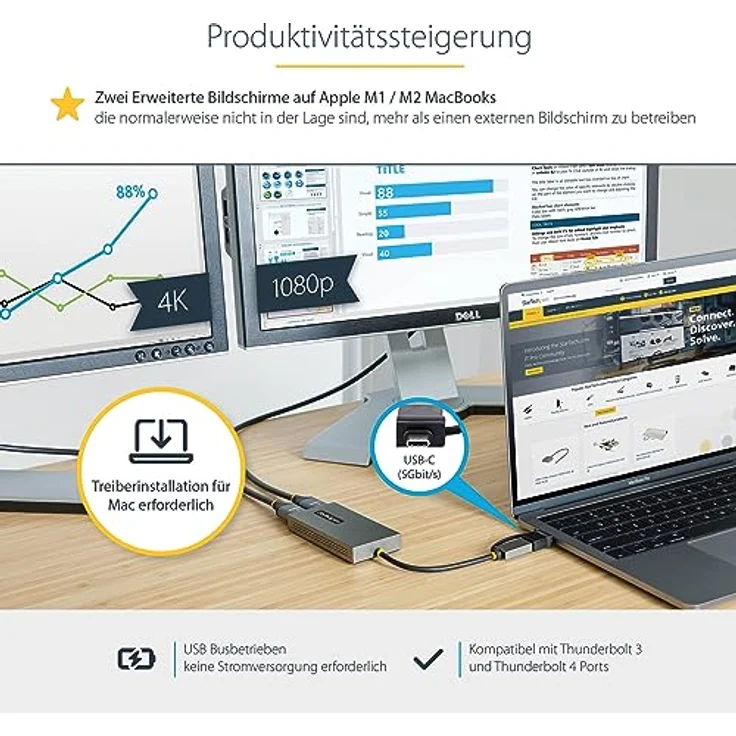 StarTech.com Dual Monitor Adapter, USB A/C auf 2x HDMI (1x 4K30Hz, 1x 1080p), externe grafikkarte, 11cm Kabel, USB 3.0 zu Bildschirm Adapter, Windows, Chrome OS & macOS (107B-USB-HDMI) – Bild 2