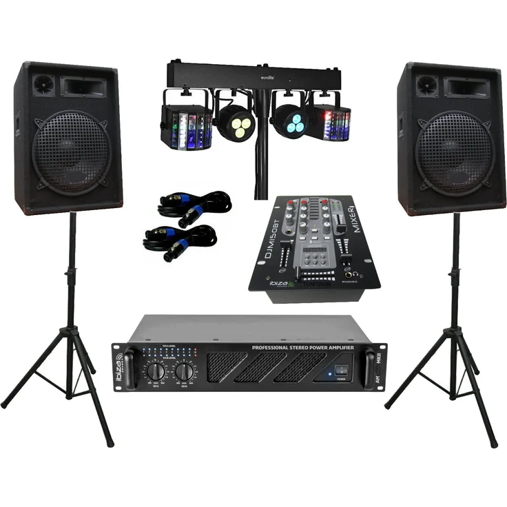 DSX PA Party DJ Disco Lautsprecher Set, 1680 Watt mit Verstärker, Bluetooth Mixer, stativ und Lichtset