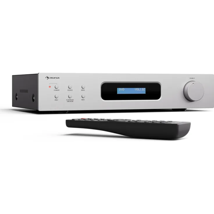 Auna Art22 Verstärker HiFi Stereo, 2x60 W, Bluetooth, DAB+ Radio, FM-Tuner, CD/DVD-Wiedergabe, optische & koaxiale Eingänge, Fernbedienung, kompaktes Design, Weiß-Silber