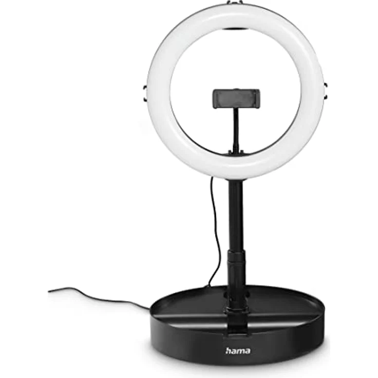 Hama LED Ringlicht mit Stativ Handy faltbar (10,2“ Ringleuchte, 26,5 cm Durchmesser, Tisch Stativ für die Kamera, ausziehbar bis 138 cm, dimmbares LED Tischringlicht, zum Einklappen) schwarz – Bild 1