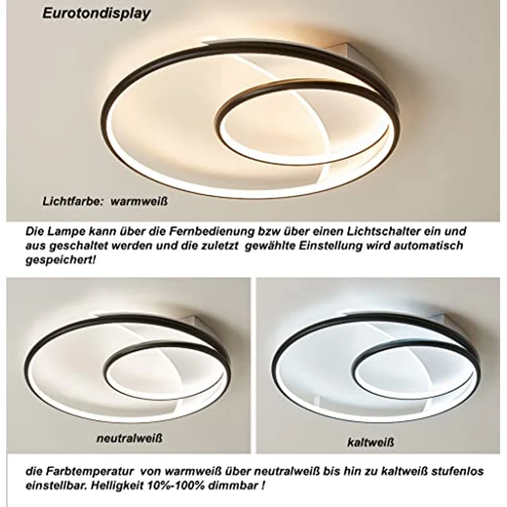 Eurotondisplay LED Deckenleuchte SX87 mit Fernbedienung dimmbar weiß/schwarz Metallrahmen, Schlafzimmerleuchte Ø 45cm – Bild 5