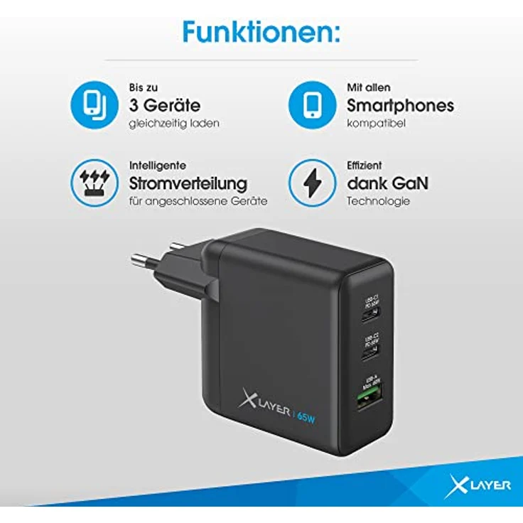 XLayer Powercharger 65W USB C Typ Schnellladegerät Schwarz 3-Port Netzteil GAN Technologie - Fast Charger Adapter Kompatibel mit MacBook/Pro/Air, iPhone, iPad, Galaxy, Huawei, Xiaomi, Lenovo, Dell – Bild 4
