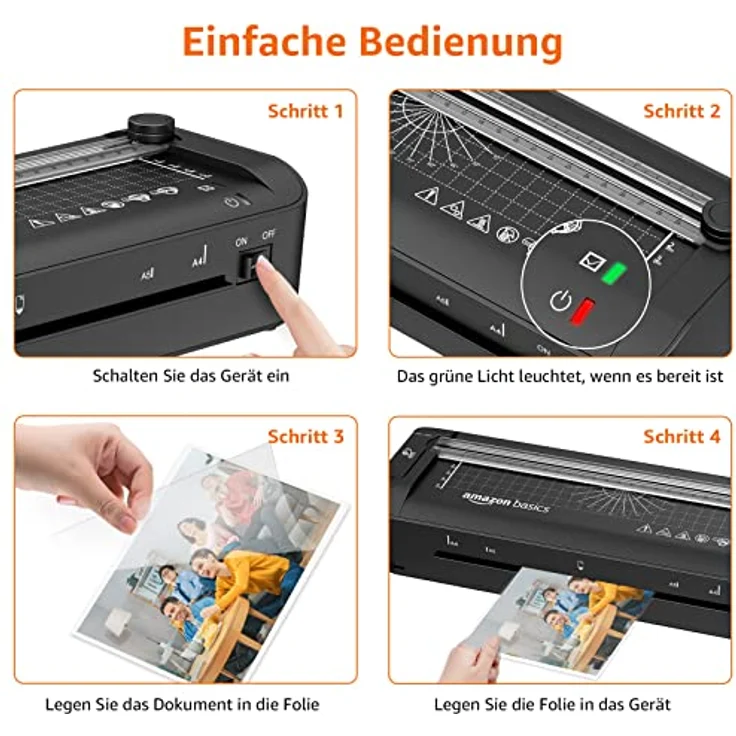 Amazon Basics 3-in-1-Thermolaminiergerät für A4-Größe, mit Funktionen zum Schneiden, Stanzen und Abrunden von Ecken, inkl. 10 Hüllen, EU-Stecker, Schwarz – Bild 4