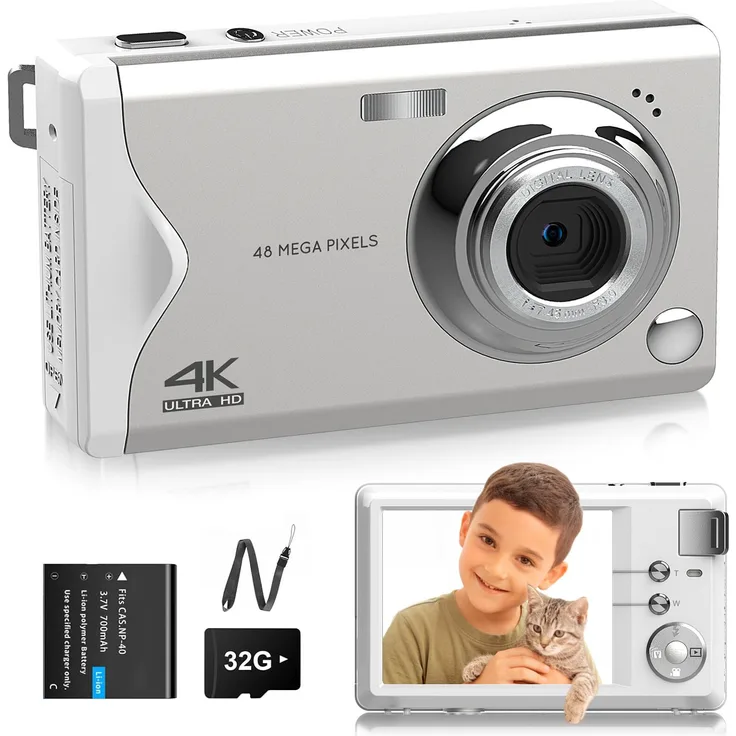 FANNOU Digitalkamera 48MP, 1080P FHD Fotokamera mit 3,0 Zoll Bildschirm und 16X Digitalzoom, Tragbare Kompaktkamera inklusive 32GB TF-Karte