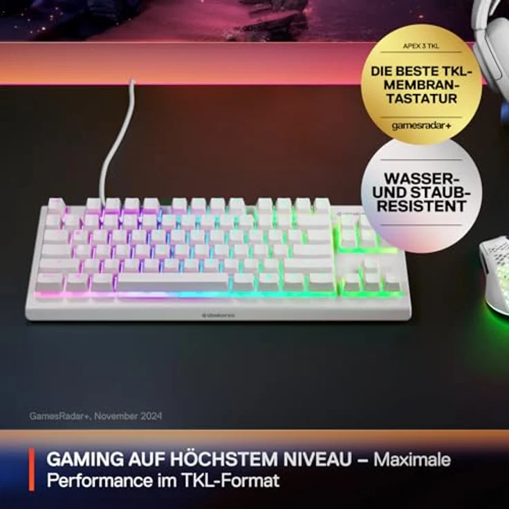 SteelSeries Apex 3 TKL White, RGB Gaming-Tastatur mit 8-Zonen-Beleuchtung, wasser- und staubresistent, flüsterleise Gaming-Switches, US Layout QWERTY – Bild 2