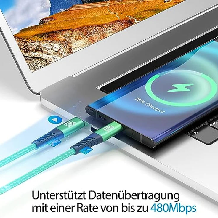JAMEGA - USB Typ C Kabel Grün 2m | Fast Charge und Datenübertragung für iPhone 15 Pro Max iPad Pro Air Samsung Macbook Tablets Huawei – Bild 2