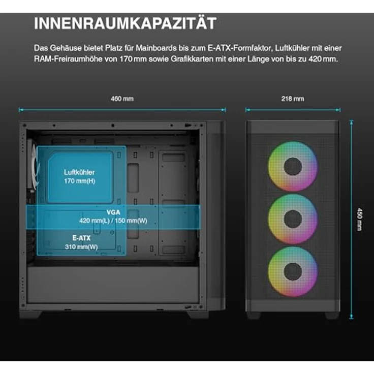 Gamdias Athena M3 GAMING Miditower, E-ATX PC Gehäuse in Schwarz mit 4x120mm ARGB Lüftern und Tempered Glass – Bild 8