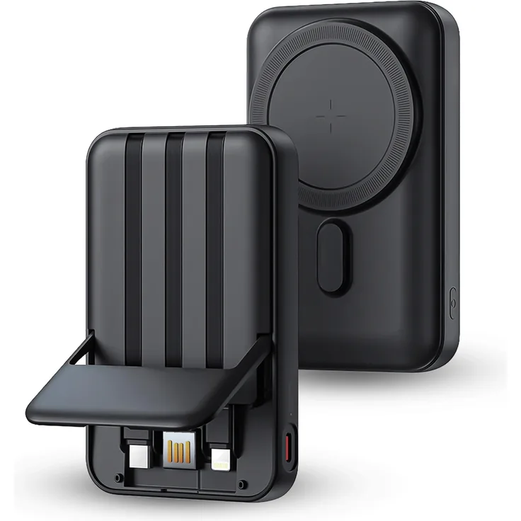 S&T Design ET-045 MagSafe Powerbank 10000mAh, 15W Wireless Charging, 22.5W USB-C, integrierte Kabel, Schwarz