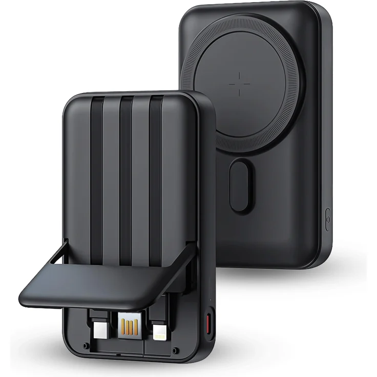 S&T Design ET-045 MagSafe Powerbank 10000mAh, 15W Wireless Charging, 22.5W USB-C, integrierte Kabel, Schwarz