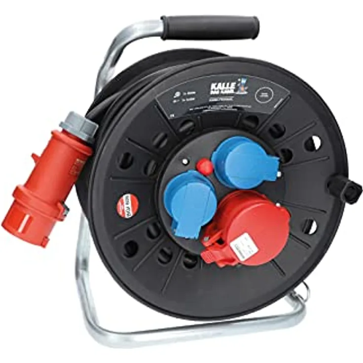KALLE DAS KABEL Kabeltrommel CEE 400V 16A, 25 Meter, IP44, Schwarz, mit Thermoschutzschalter und drehbarem Griff