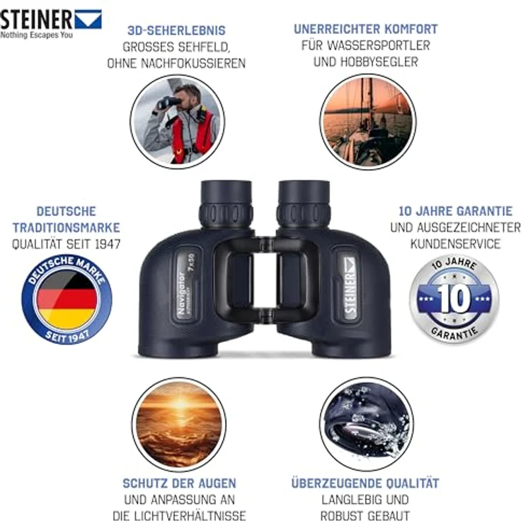 STEINER Marine-Fernglas Navigator Autobright 7x50 - Reduktion von Blendungen durch Wasser und Sonne, Deutsche Qualitätsoptik, 5m wasserdicht, für Wassersportler und Hobbysegler, Schwarz – Bild 2