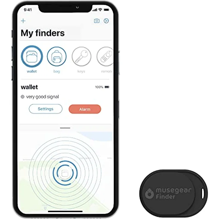 musegear Schlüsselfinder Mini mit Bluetooth App I Keyfinder laut für Handy in schwarz