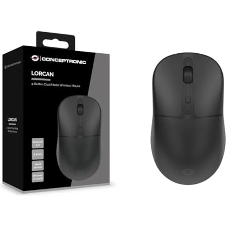 Conceptronic LORCAN04B, Dual-Mode Wireless Maus mit 4 Tasten, Bluetooth 5.2, 2.4GHz, stumm, geeignet für Links- und Rechtshänder – Bild 2