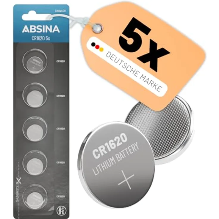 ABSINA CR1620 Lithium Knopfzelle 5er Pack, 3V mit langer Haltbarkeit für Autoschlüssel, Uhr, auslaufsicher