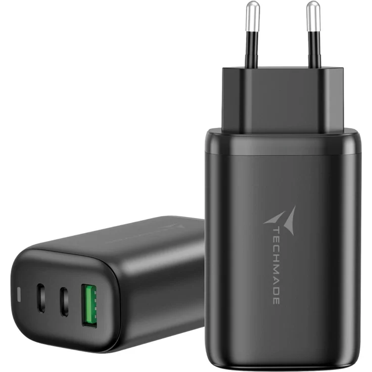 Techmade 65W USB Ladegerät mit Schnellladung, 1 USB-A und 2 USB-C Anschlüssen, Schwarz TM-P937-BK