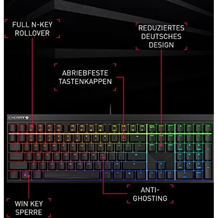 CHERRY MX 2.0S, kabelgebundene Gaming-Tastatur mit RGB-Beleuchtung, Deutsches Layout (QWERTZ), MX RED Switches, weiß – Bild 2