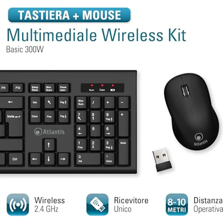 Atlantis Land P013-AX280G+M, Kabelloses QWERTY Tastatur- und Maus-Set, Volle Größe, Schwarz, RF Wireless, 1200 dpi Sensor – Bild 2