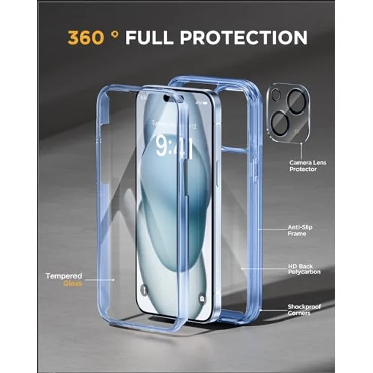 Miracase 360 Grad Hülle für iPhone 15 mit 9H Glas Displayschutz und Kameraschutz, stoßfest, klar blau – Bild 2