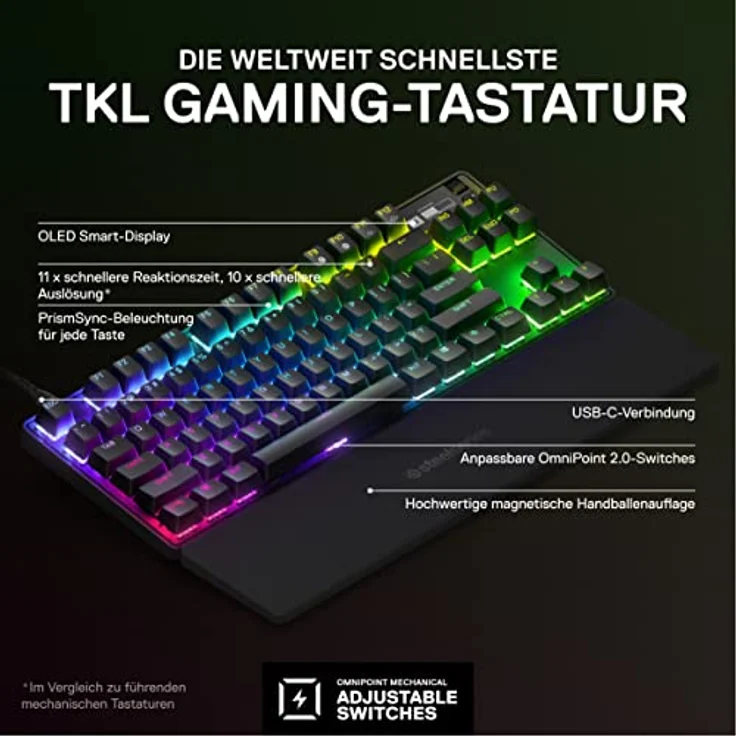 SteelSeries Apex Pro TKL (2023) - Mechanische Gaming-Tastatur – Die weltweit schnellste Tastatur – Anpassbares Ansprechverhalten – E-Sports TKL-Formfaktor – RGB – Deutsches (QWERTZ) Layout – Bild 2