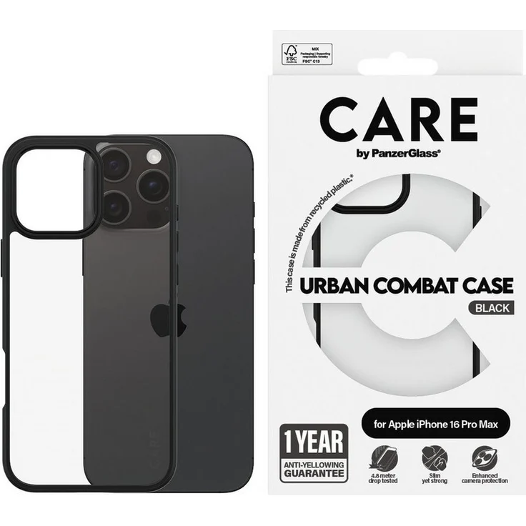 CARE by PanzerGlass Urban Combat Case für Apple iPhone 16 Pro Max, stoßfeste Schutzhülle mit 4,8 Meter Falltest, hergestellt aus recyceltem Plastik, verbesserter Kameraschutz