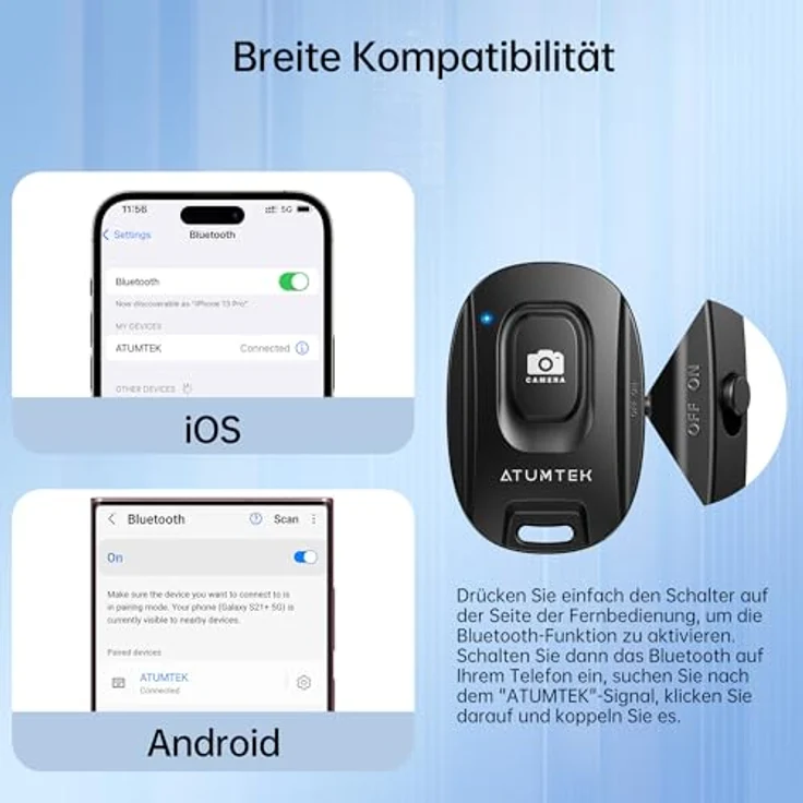 ATUMTEK Kameraselbstauslöser, Drahtlose Fernbedienung für iPhone und Android-Smartphones, Bluetooth 5.2, 2er-Pack, mit Handgelenkschlaufe, Schwarz – Bild 3
