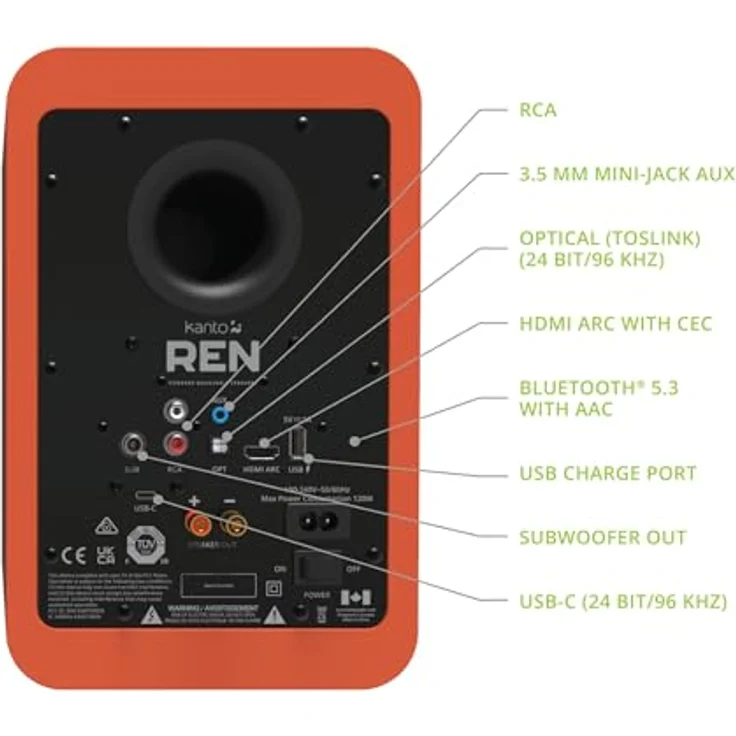 Kanto Ren 200W Powered Speaker System with HDMI ARC Input for TV & Home Theater | USB-C and Bluetooth 5.3 | High/Low Pass Filter | Pair | Matte Orange – Bild 3