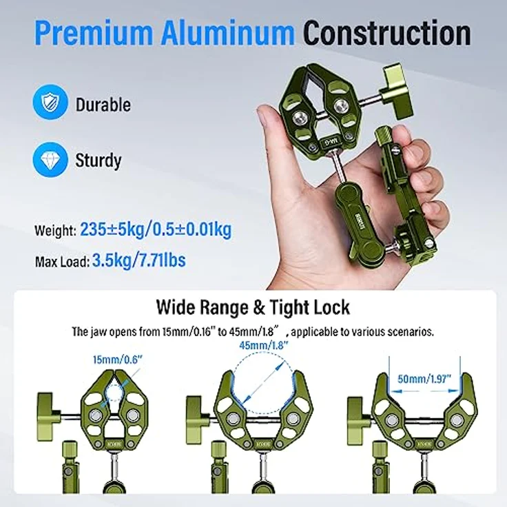 Sirui Alien Series Magic Arm mit Telefonklemme, Krabbenförmige Gelenkkamera-Klemme mit 1/4-Zoll-20-Schraube, 3/8-Zoll-16 Löcher, passend für Gopro/DSLR-Kamera/Handys, Grün (MA-G) – Bild 4