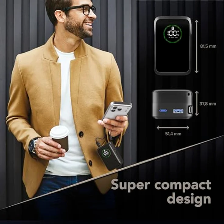Cellularline Power Bank Roller 10000 mAh, Tragbare Powerbank mit 45 W Ausgang und einziehbarem USB-C-Kabel, Schwarz – Bild 6