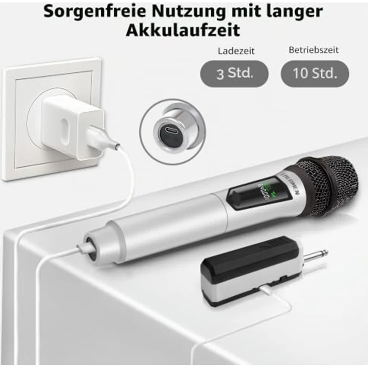 talomen Professionelles kabelloses Mikrofon K60-1, 2,4 GHz, dynamisch, wiederaufladbar, 160ft Reichweite, silbrig, inkl. Empfänger für Karaoke und DJ-Events – Bild 4