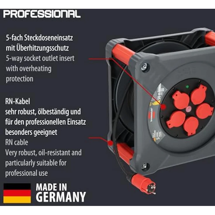 Brennenstuhl Professional Baustellen-Kabeltrommel KA 5100 5 IP44 (50m H07RN-F 3G1,5 Kabel in schwarz, 5 Schutzkontakt-Steckdosen, Made in Germany) – Bild 2