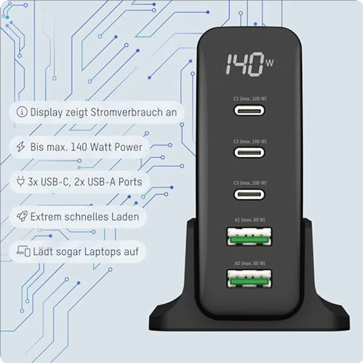 ANSMANN 5-Port USB Ladegerät mit bis zu 140 W/Power Delivery und Quick Charge 3.0 - Smart IC Technologie, integriertes Display, 5 starke Ports - ideal für Smartphone, Tablet, Tischventilator, LED-Geräte, etc. – Bild 2