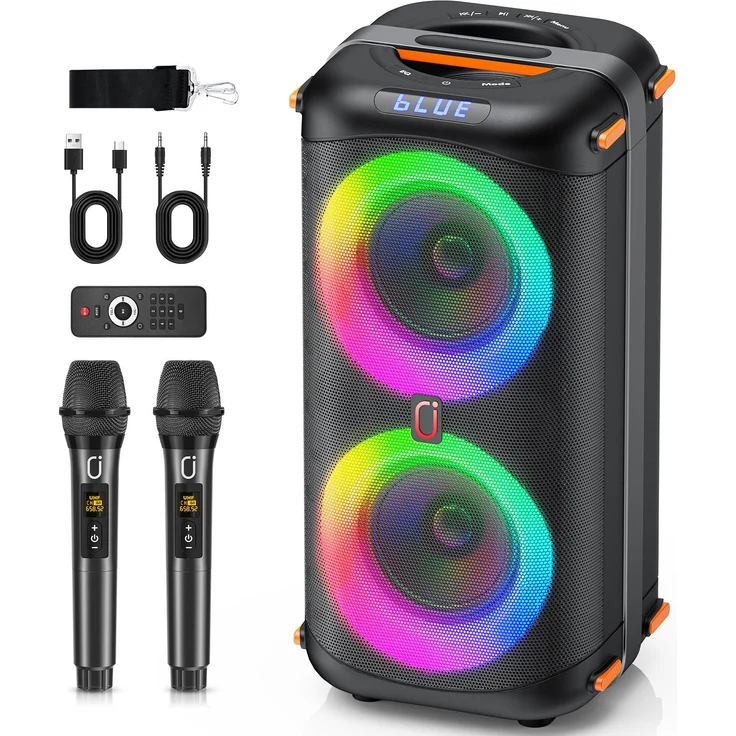 JYX JYX-T27-T Karaoke-Lautsprecher, tragbarer Party-Lautsprecher mit 40 W, 2 Mikrofonen, 24 Std. Akkulaufzeit, schwarz