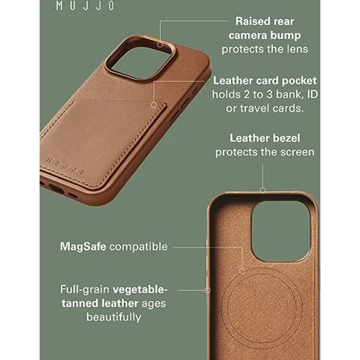 Mujjo Leather Wallet Case iPhone 15 Pro braun - Brieftaschen-Funktion, außergewöhnlicher Schutz, Magsafe-kompatibel – Bild 2