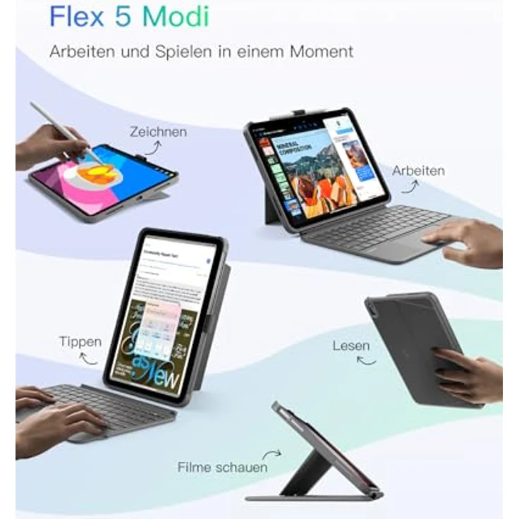 Inateck Tastatur für iPad 11 A16 (2025) & iPad 10. Gen (2022), 5,1" Vollflächen-Touchpad, Vertikaler/Horizontaler Ständer, dünn und leicht – Bild 4