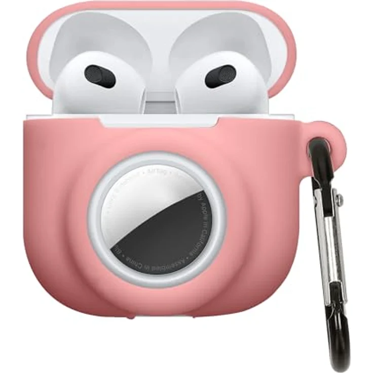 kwmobile 2-in-1 Hülle für Apple Airpods 4 und AirTag, Silikon Schutzhülle mit Karabiner, Altrosa – Bild 1