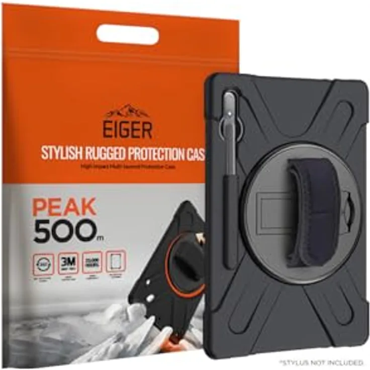 Eiger Peak 500m Case, Tablet Hülle mit 3m Sturzschutz, 360° drehbarem Ständer und verstellbarem Handriemen, Schwarz