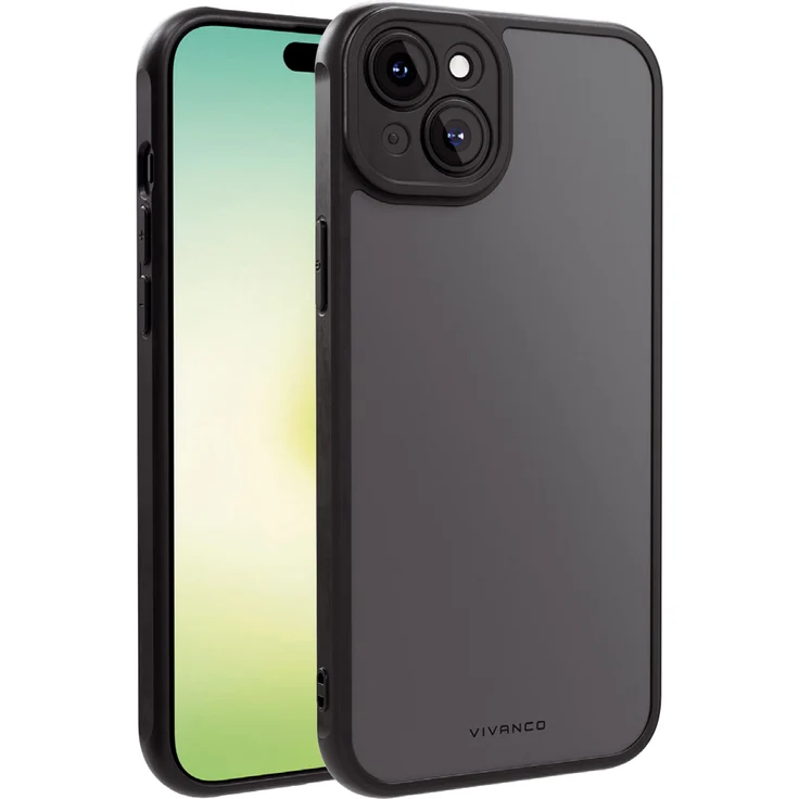 Vivanco Frosted Cover für Apple iPhone 15 Plus, Schwarz/Transparent mit integriertem Kamera Schutzrahmen