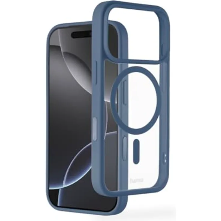 Hama Handyhülle für iPhone 17 Pro und MagSafe, magnetisches Case mit Kantenschutz, Kameraschutz und Anti-Rutsch-Oberfläche, durchsichtig/blau